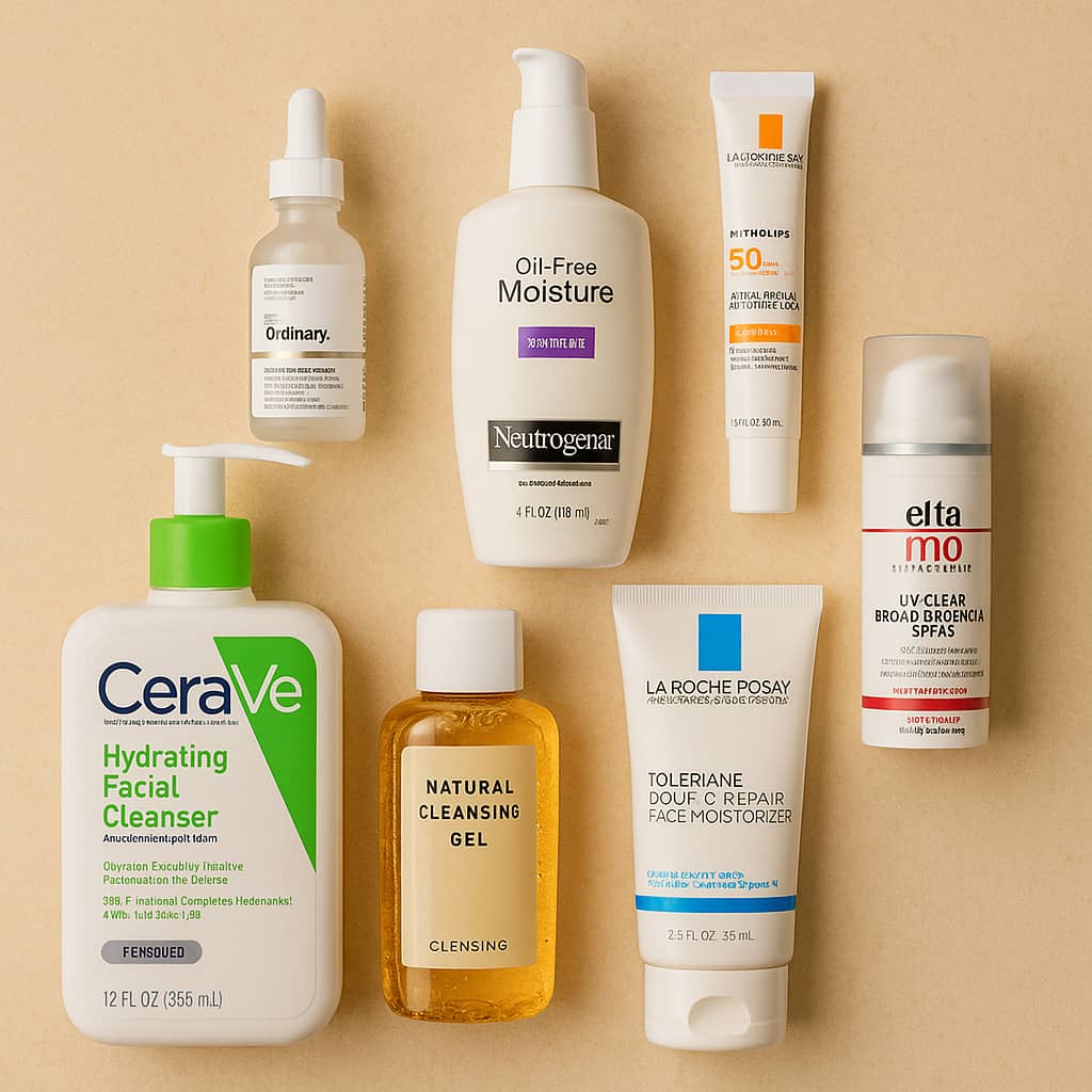 Budget-friendly skincare products for all skin types, including cleansers, moisturizers, serums, and sunscreens from popular brands, arranged aesthetically on a beige background.